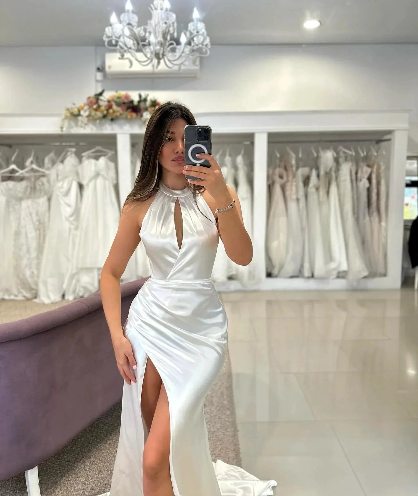 Elegant Column Satin Halter Sleeveless White Wedding Dresses With Ruffles Split Front