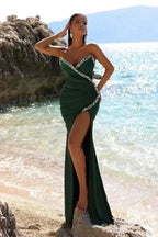 Elegant Dark Green Long Mermaid Sleeveless Prom Dress With Slit