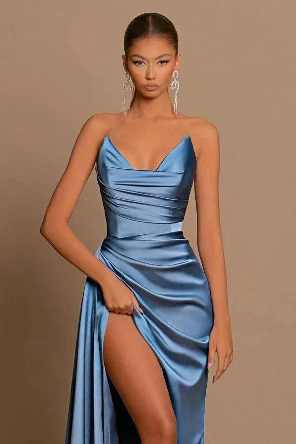 Elegant Dusty Blue Long Mermaid Sweetheart Sleeveless Formal Prom Dress With Slit