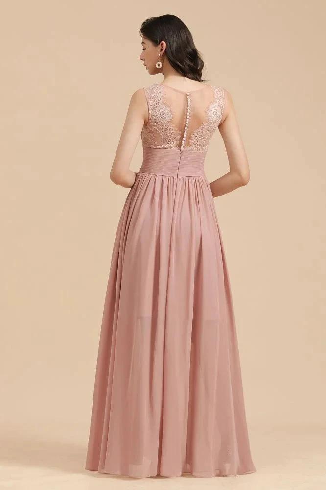 Elegant Dusty Pink Sleeveless Floral Lace Bridesmaid Dress Side Split Party Dress