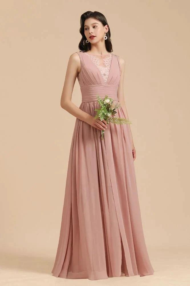 Elegant Dusty Pink Sleeveless Floral Lace Bridesmaid Dress Side Split Party Dress