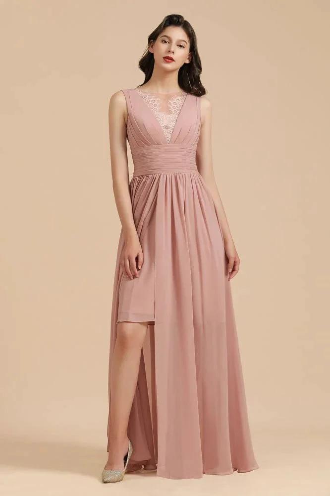 Elegant Dusty Pink Sleeveless Floral Lace Bridesmaid Dress Side Split Party Dress