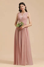 Elegant Dusty Pink Sleeveless Floral Lace Bridesmaid Dress Side Split Party Dress
