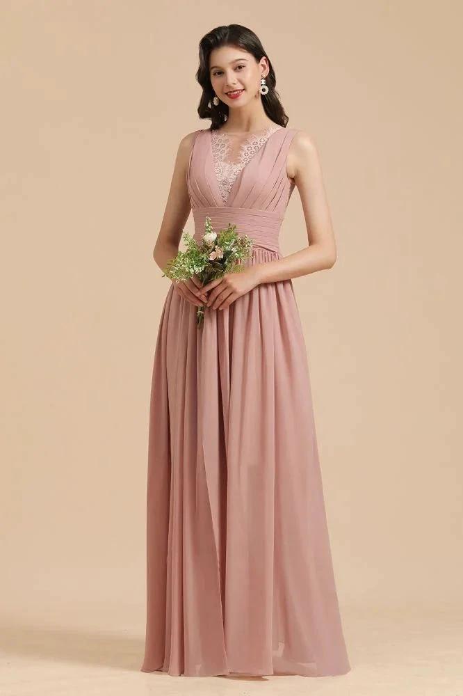 Elegant Dusty Pink Sleeveless Floral Lace Bridesmaid Dress Side Split Party Dress
