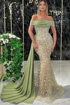 Elegant Dusty Sage Long Mermaid Off-the-shoulder Prom Dress With Lace