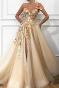 Elegant Evening Dress Long Sexy Sweetheart Front Slit Appliques Flowers Prom Dress