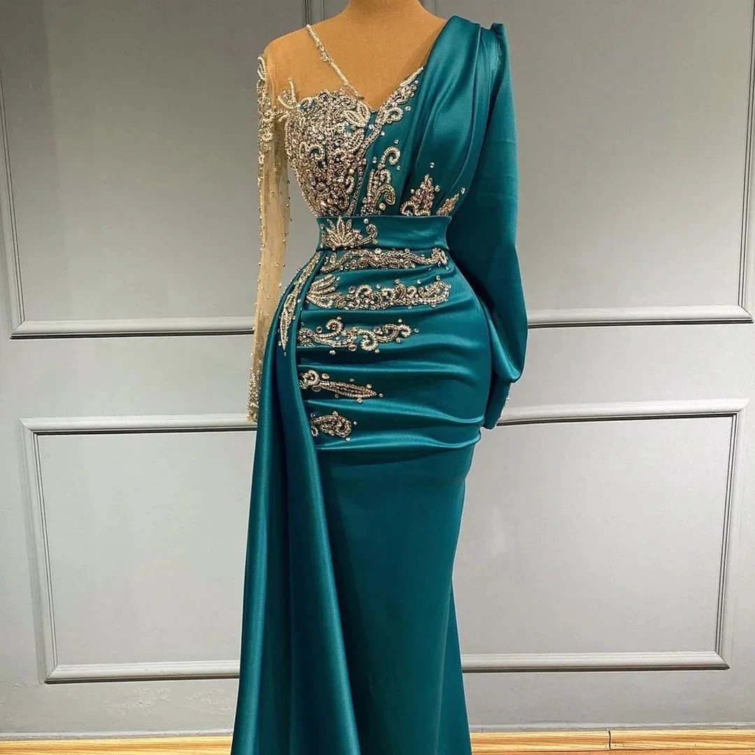 Elegant floor-length evening dress prom dresses with sleeves