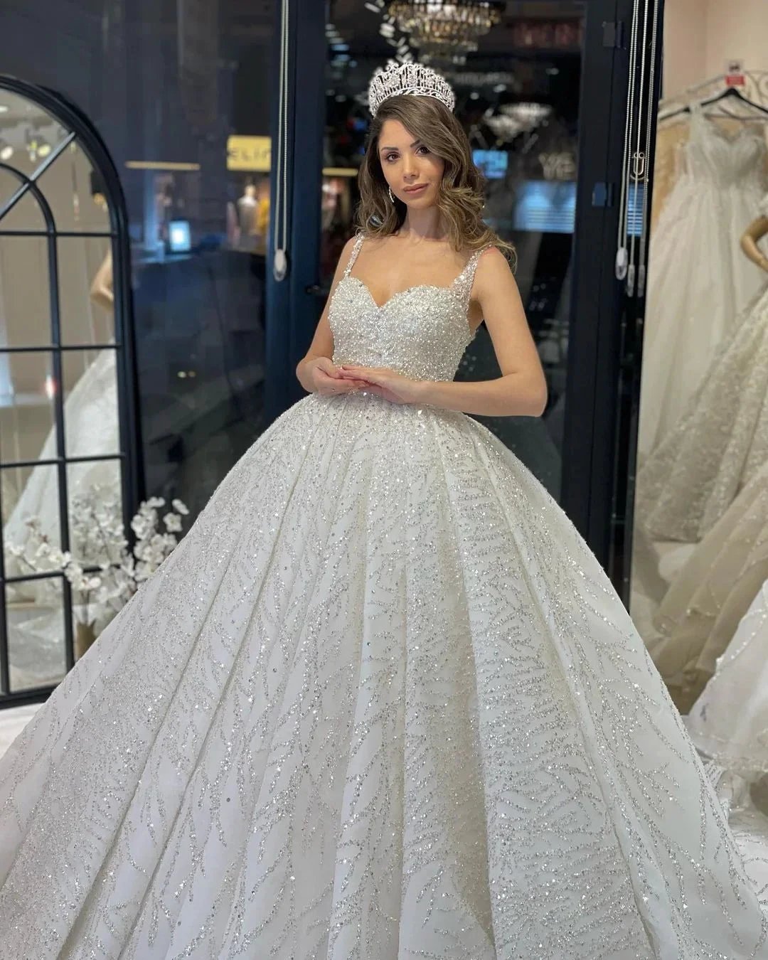Elegant Floor Length Sweetheart Sleeveless A-Line Sequined Wedding Dress with Ruffles