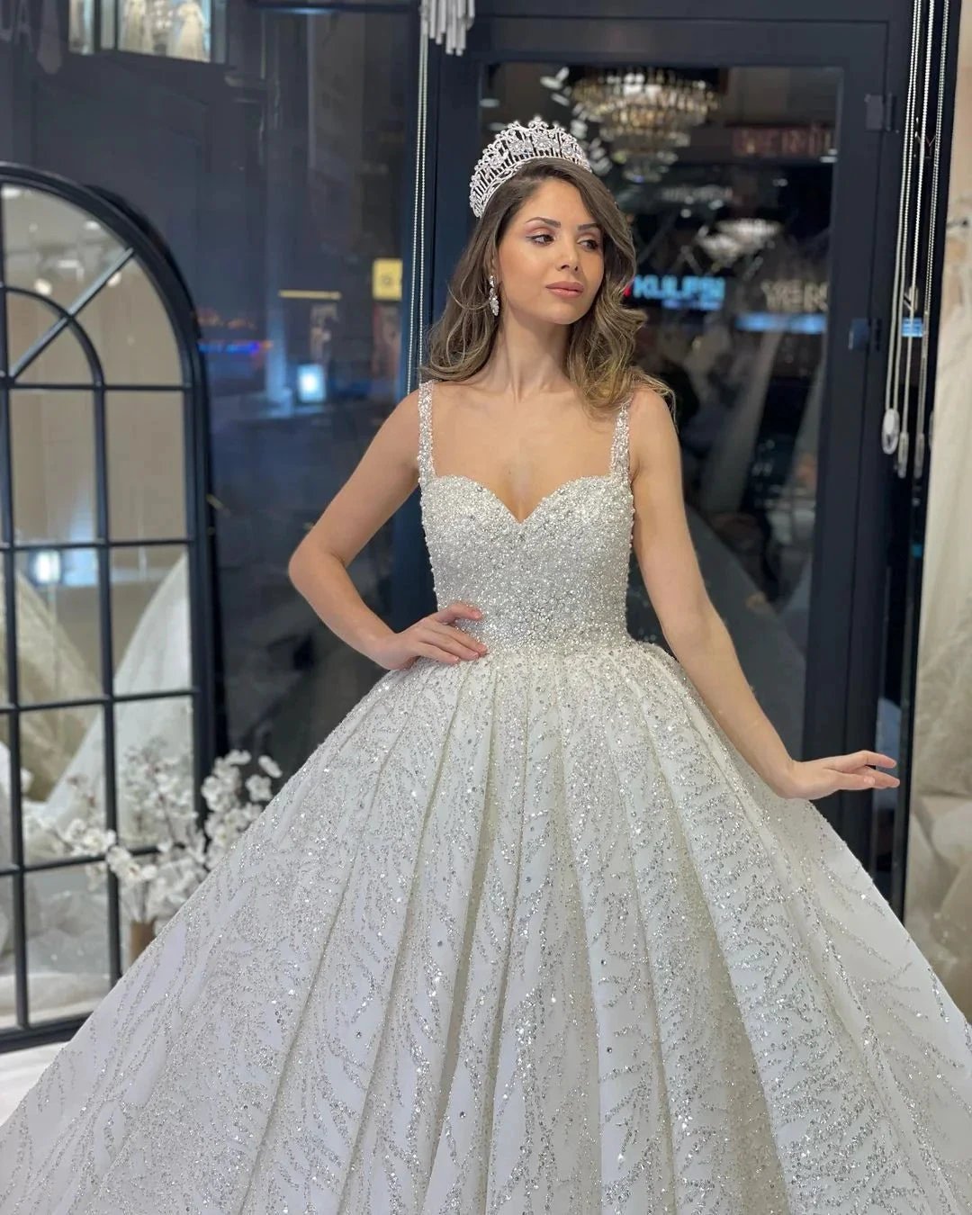Elegant Floor Length Sweetheart Sleeveless A-Line Sequined Wedding Dress with Ruffles