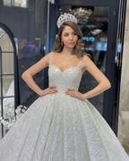 Elegant Floor Length Sweetheart Sleeveless A-Line Sequined Wedding Dress with Ruffles