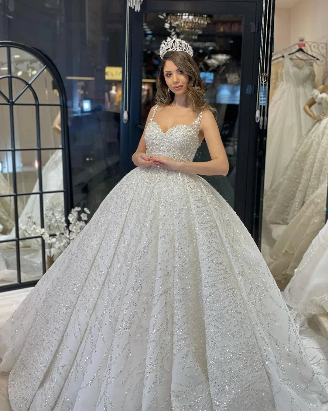 Elegant Floor Length Sweetheart Sleeveless A-Line Sequined Wedding Dress with Ruffles