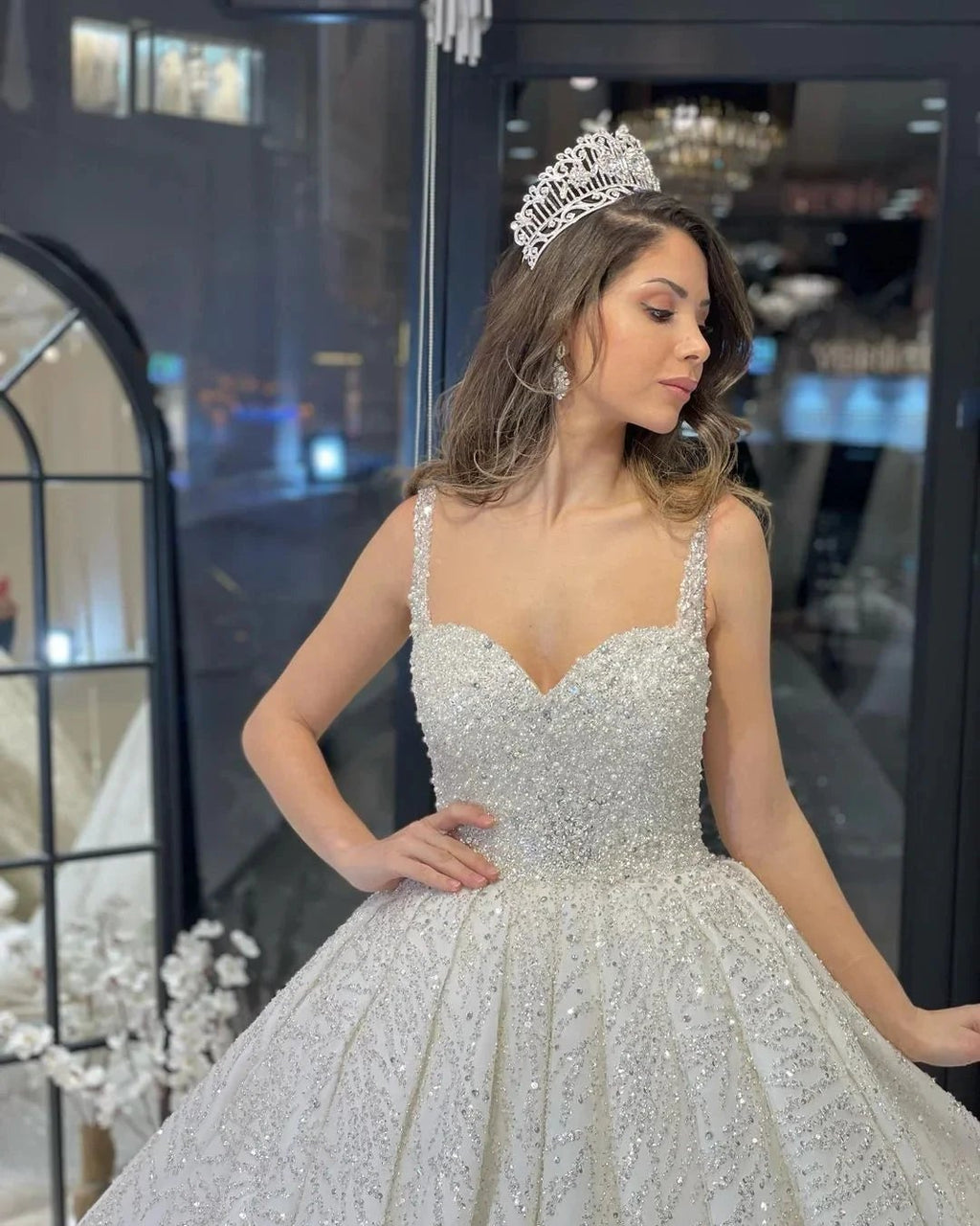 Elegant Floor Length Sweetheart Sleeveless A-Line Sequined Wedding Dress with Ruffles