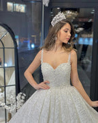 Elegant Floor Length Sweetheart Sleeveless A-Line Sequined Wedding Dress with Ruffles