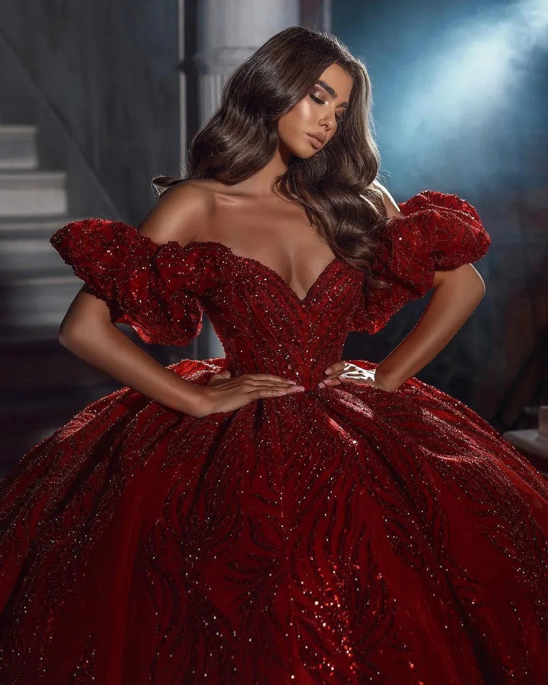 Elegant Floor Length V-Neck Sleeveless Off-The-Shoulder A-Line Sequined Wedding Dress with Ruffles