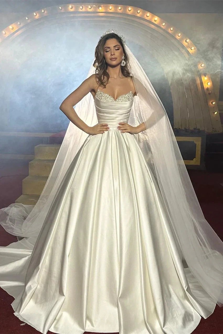 Elegant FloorLength Sleeveless A Line Satin Wedding Dress With Beads