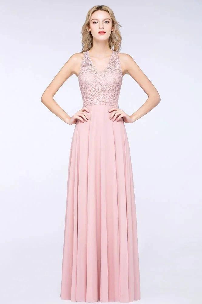 Elegant Floral Appliques aline Bridesmaid Dress Dusty Pink Chiffon FloorLength Formal Dress