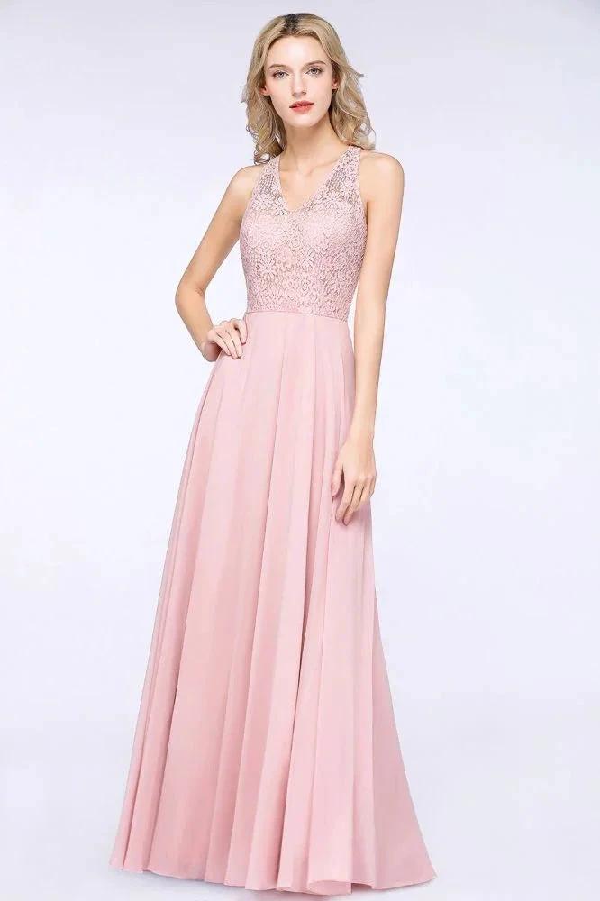 Elegant Floral Appliques aline Bridesmaid Dress Dusty Pink Chiffon FloorLength Formal Dress