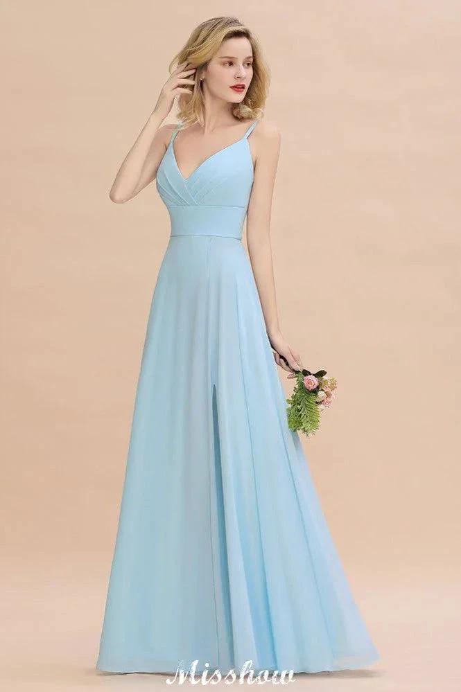 Elegant Front Split Bridesmaid Dress Garden Spaghetti Straps V-neck Floor Length Dress