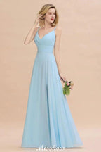 Elegant Front Split Bridesmaid Dress Garden Spaghetti Straps V-neck Floor Length Dress