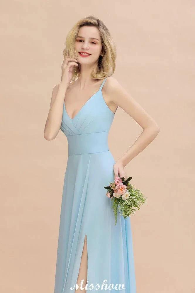 Elegant Front Split Bridesmaid Dress Garden Spaghetti Straps V-neck Floor Length Dress