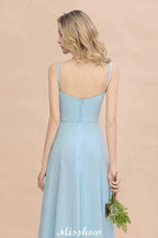 Elegant Front Split Bridesmaid Dress Garden Spaghetti Straps V-neck Floor Length Dress