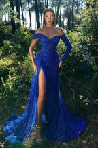 Elegant Glitter Long Off-the-Shoulder Mermaid Prom Dress with Sleeves