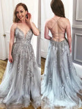 Elegant Gray Long A Line V Neck Tulle Lace Backless Formal Prom Dresses