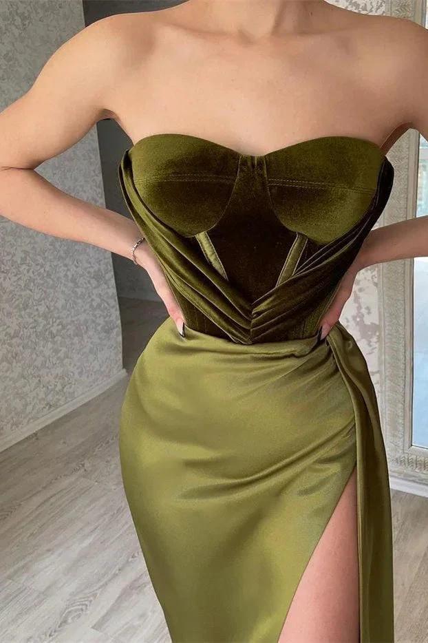 Elegant Green Strapless Sleeveless Mermaid Satin Prom Dresses with Slit