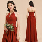 Elegant Halter Aline Chiffon Bridesmaid Dress Sleeveless Floor Length Wedding Party Dress