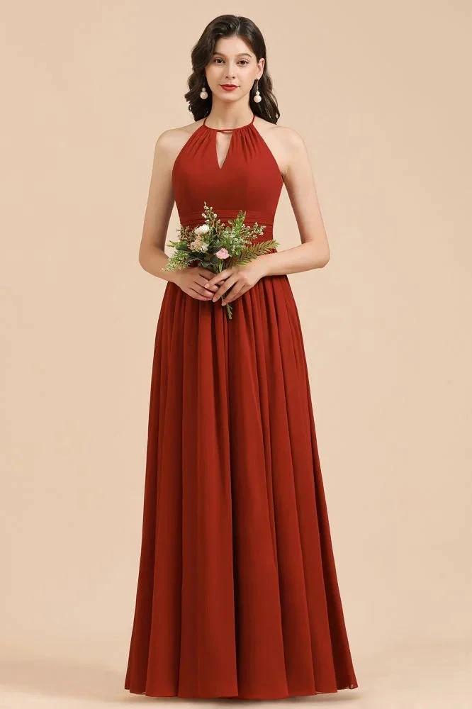 Elegant Halter Aline Chiffon Bridesmaid Dress Sleeveless Floor Length Wedding Party Dress