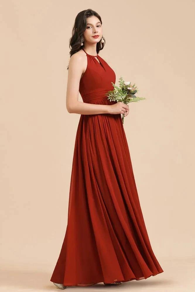 Elegant Halter Aline Chiffon Bridesmaid Dress Sleeveless Floor Length Wedding Party Dress