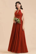Elegant Halter Aline Chiffon Bridesmaid Dress Sleeveless Floor Length Wedding Party Dress