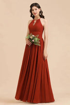 Elegant Halter Aline Chiffon Bridesmaid Dress Sleeveless Floor Length Wedding Party Dress