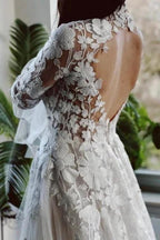Elegant High Collar Long Sleeves A-Line Lace Wedding Dress with Chapel Train