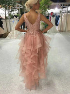 Elegant High Low A-line V-neck Backless Lace Tulle Prom Dress