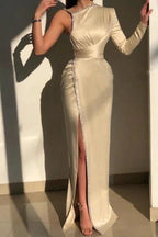 Elegant Ivory One-shoulder Long-Sleeve Sheath Prom Dresses with Sequins
