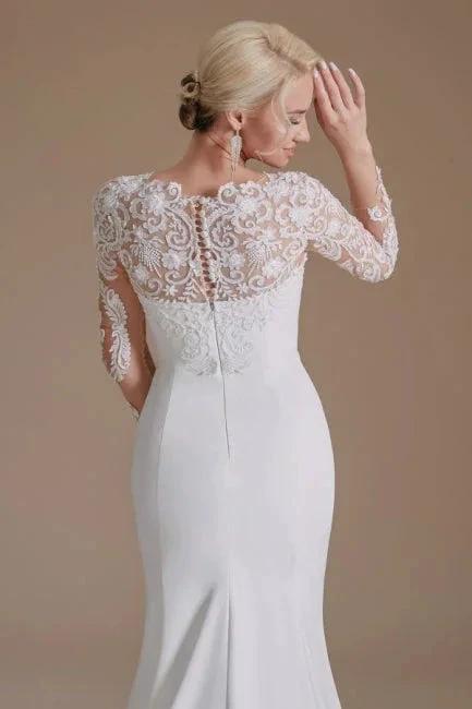 Elegant Jewel Long-Sleeve Mermaid Floor-Length Satin Wedding Dresses with Pattern