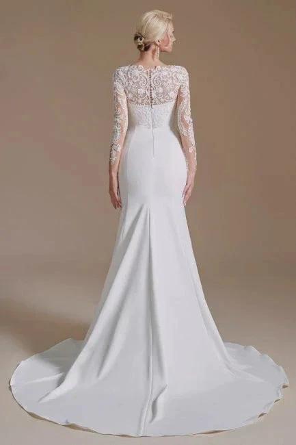 Elegant Jewel Long-Sleeve Mermaid Floor-Length Satin Wedding Dresses with Pattern