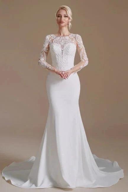 Elegant Jewel Long-Sleeve Mermaid Floor-Length Satin Wedding Dresses with Pattern