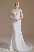 Elegant Jewel Long-Sleeve Mermaid Floor-Length Satin Wedding Dresses with Pattern
