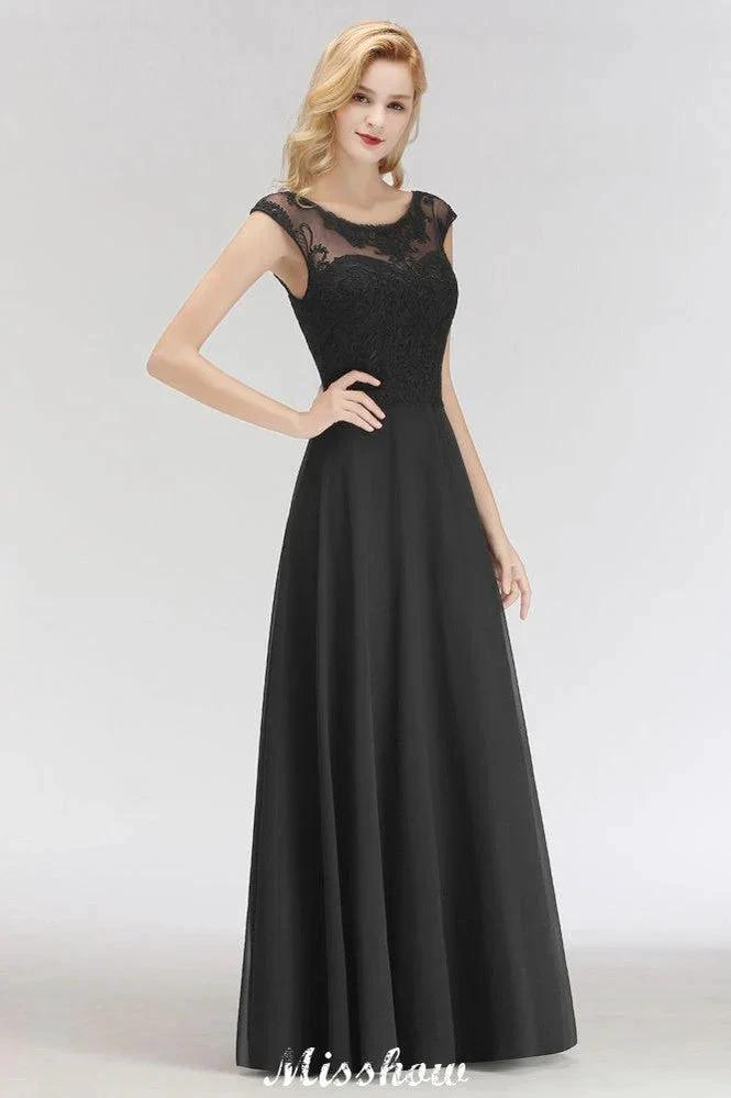Elegant Jewel Sleeveless floor-Length A-line Lace Black Bridesmaid Dress
