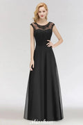 Elegant Jewel Sleeveless floor-Length A-line Lace Black Bridesmaid Dress