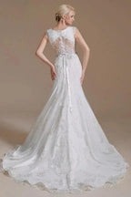 Elegant Jewel Sleeveless Mermaid Floor-Length Satin Wedding Dresses with Lace