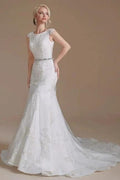 Elegant Jewel Sleeveless Mermaid Floor-Length Satin Wedding Dresses with Lace
