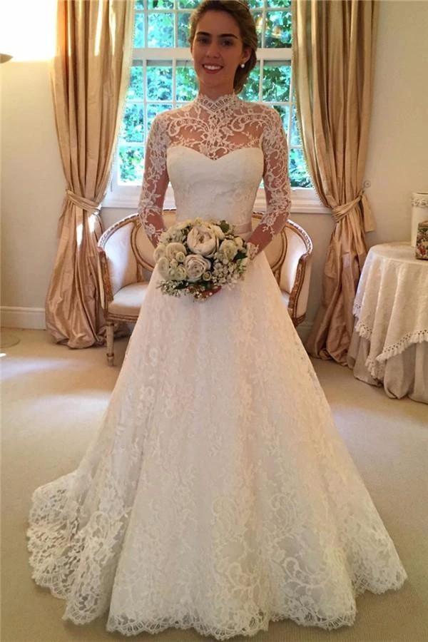 Elegant Lace A-line Long Sleeve High Neck Wedding Dresses WD032