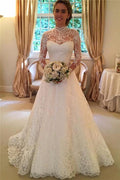 Elegant Lace A-line Long Sleeve High Neck Wedding Dresses WD032