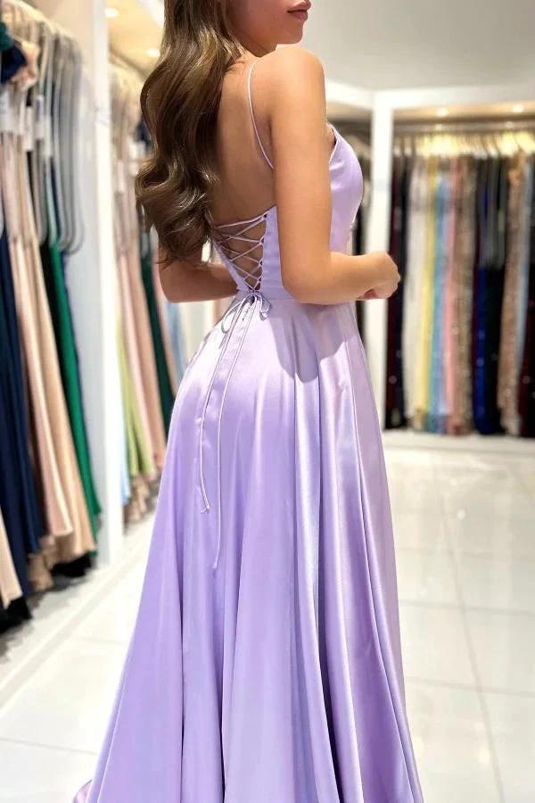 Elegant Lilac Long A-line Spaghetti Straps Lace-Up Satin Prom Dresses