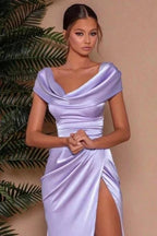 Elegant Lilac Long Split Front Mermaid Prom Dresses with Ruffles