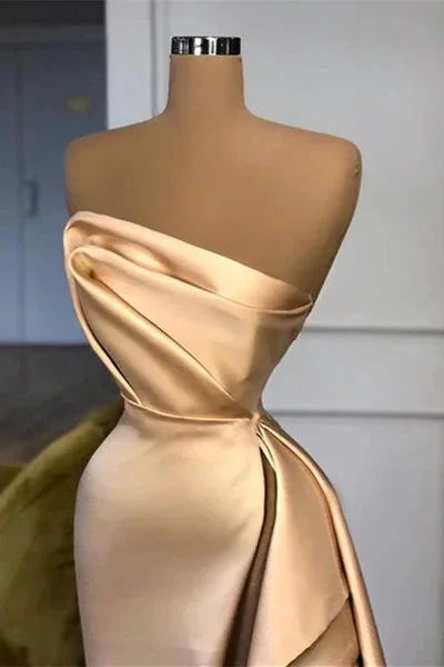 Elegant Long A-line Champagne Strapless Prom Dress With Slit