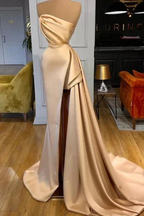 Elegant Long A-line Champagne Strapless Prom Dress With Slit